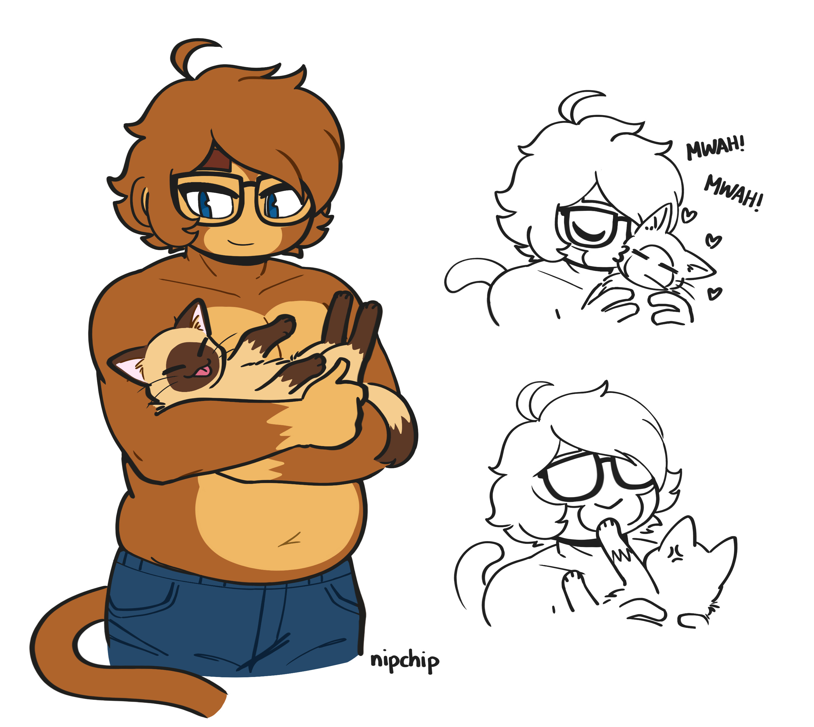 Etienne with a chubby build, topless and holding his Siamese cat Pancake. The doodles to the left are Etienne giving smooches to Pancake, following by Etienne getting bapped in the chin by an annoyed Pancake.